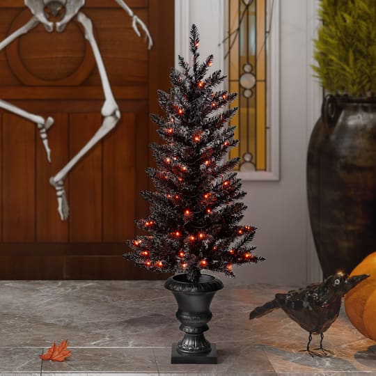 4ft. Pre-Lit Black Artificial Halloween Tree, LED Orange Lights